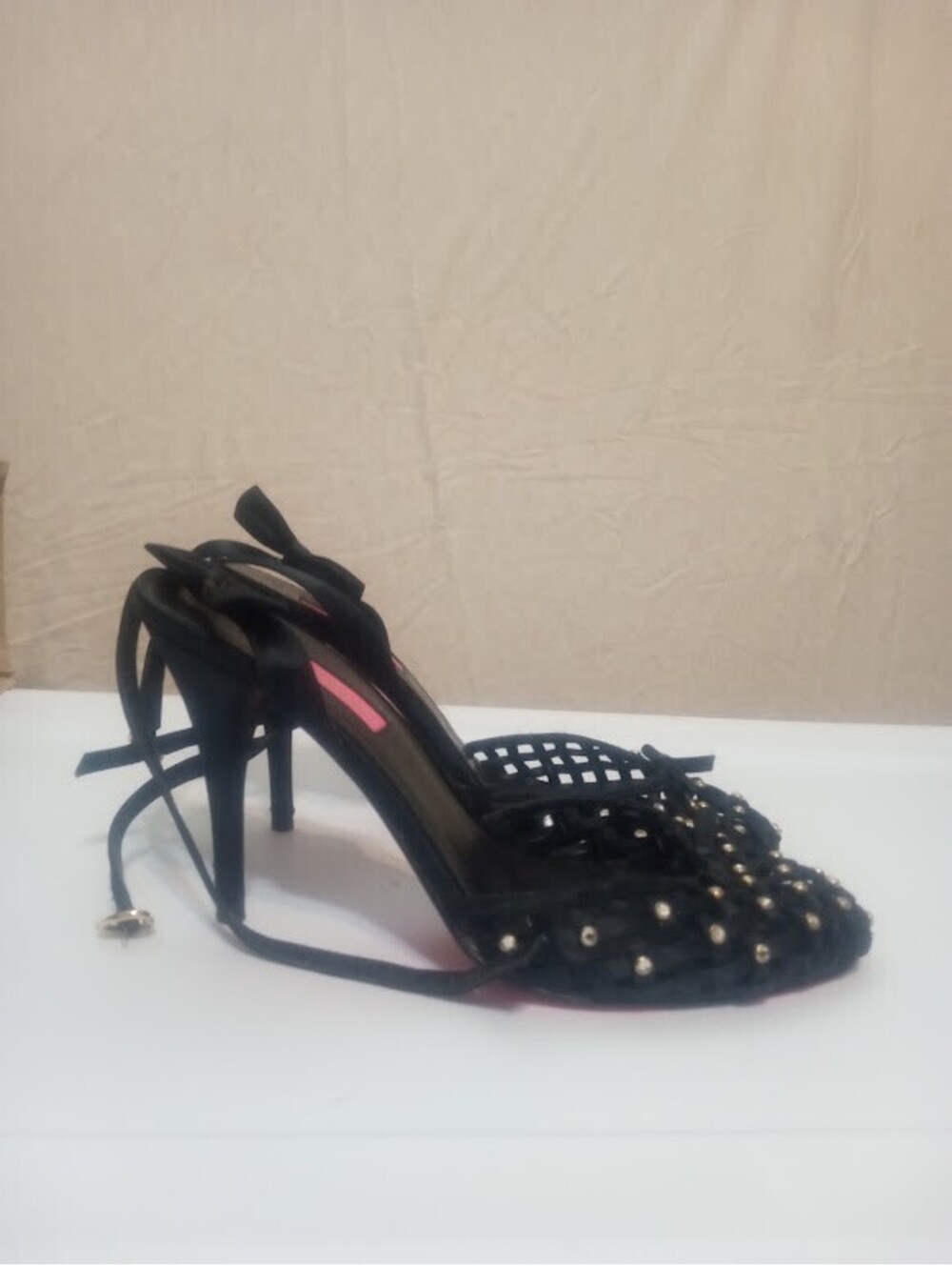 Betsey Johnson Black Studded Ribbon Heels Glamorous Perfect for parties GUC